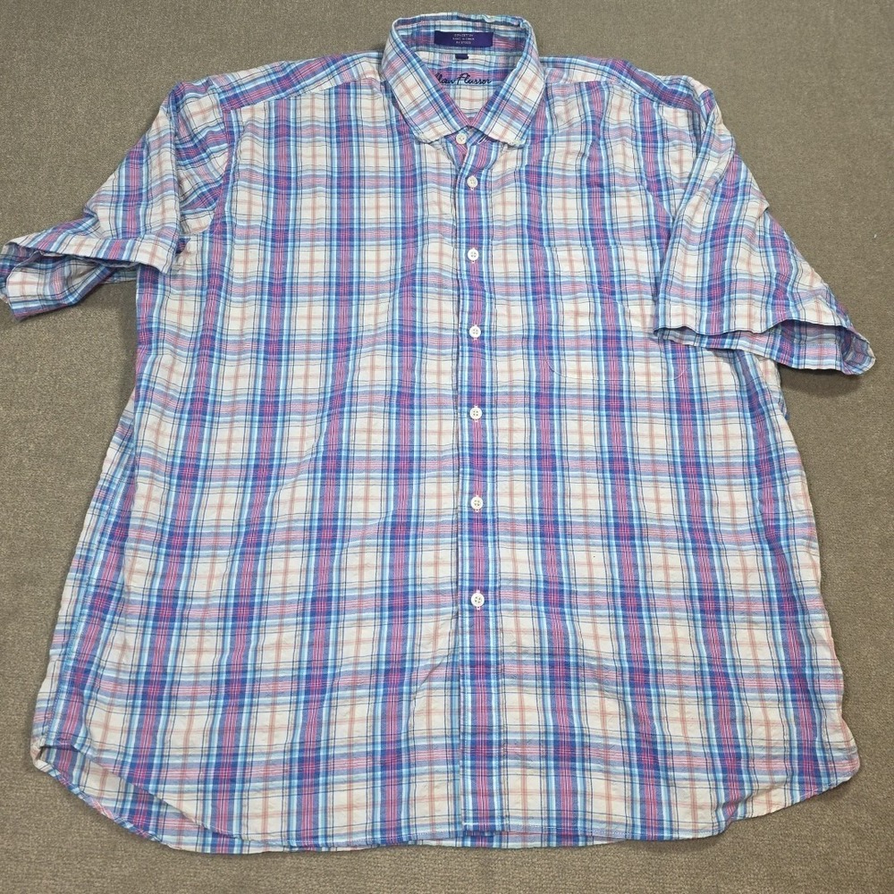 Alan Flusser Shirt Mens XL Check Plaid Button Up Short Sleeve Blue Mutlicolor